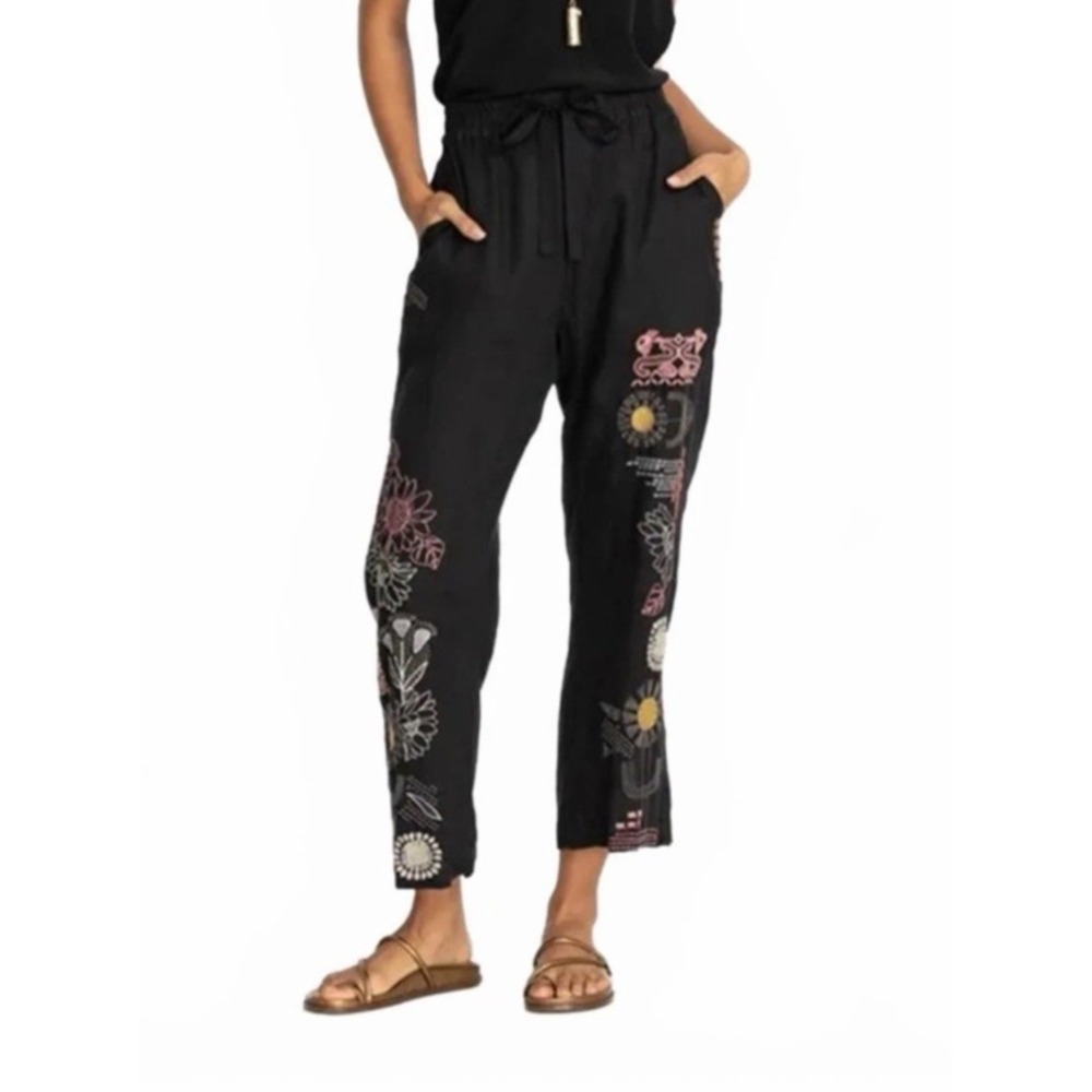 NWT Johnny Was Biya Zara Linen Pants Embroidered Sz L Black B63222-1